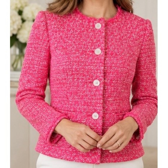 Talbots Jackets & Blazers - Talbots Tweed Blazer Womens 12 Pink Fringe Trim Button Front Peplum Jacket